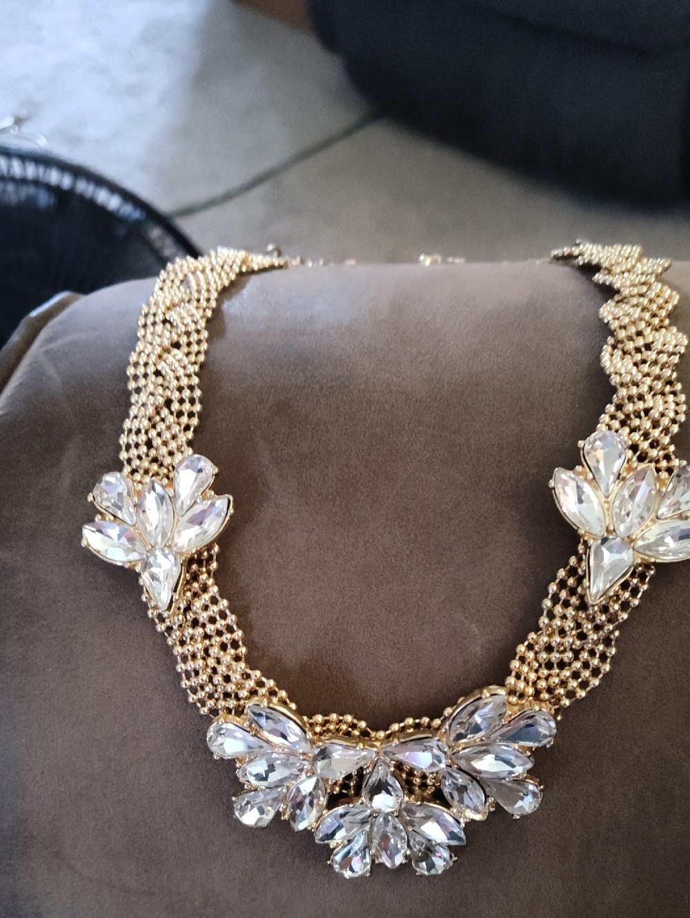 Natasha Gold Crystal Bib Necklace with Clear Gem Clusters